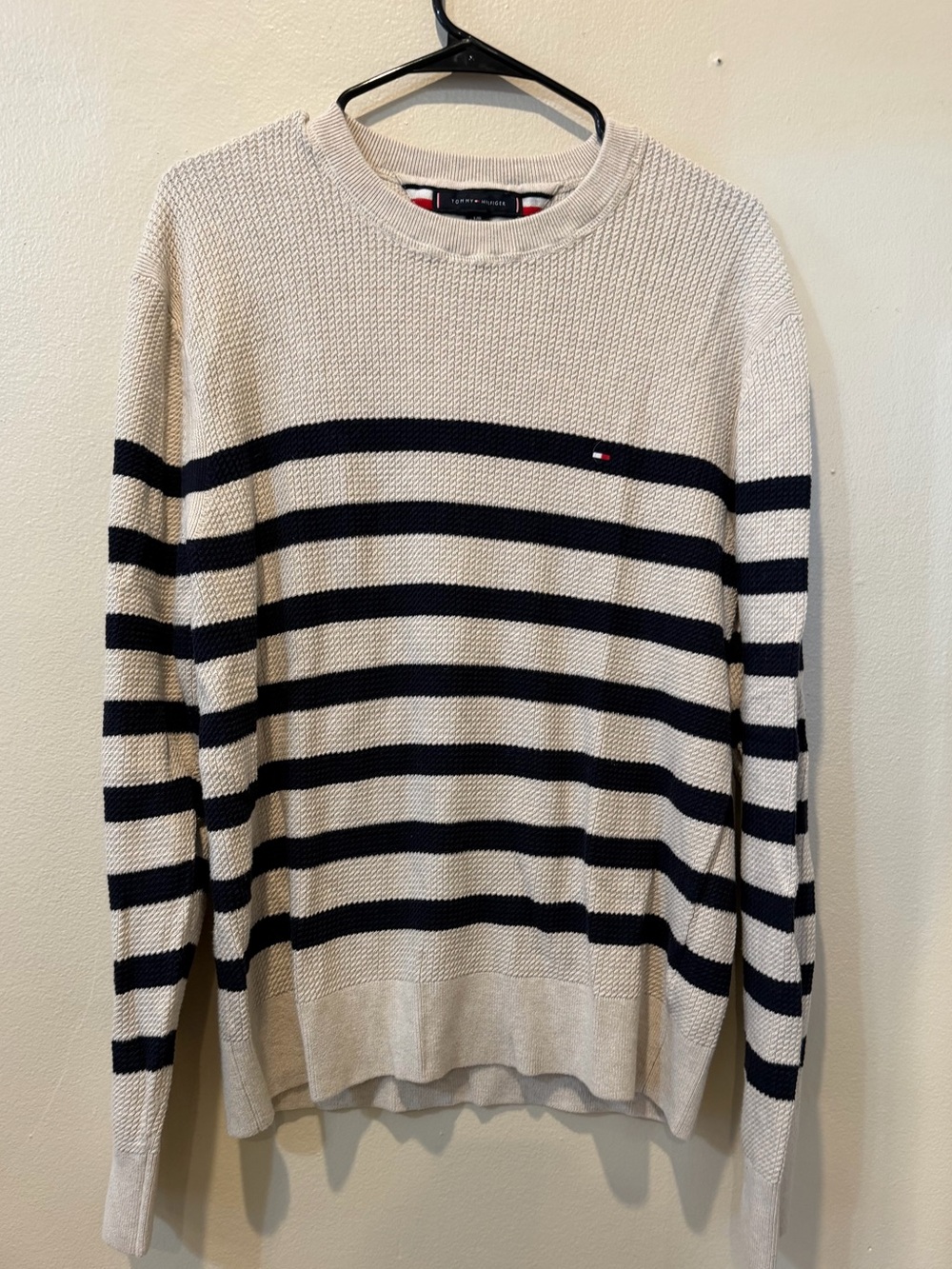 Tommy Hilfiger Cream & Navy Striped Knit Cardigan-Style Sweater